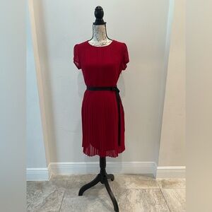 LOFT Petites Red Pleated Dress with Belt - Size 6P Like New